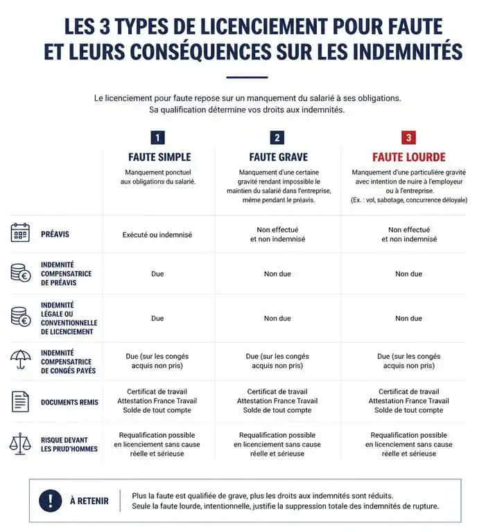 Infographie comparative des types de licenciement pour faute et indemnités associées