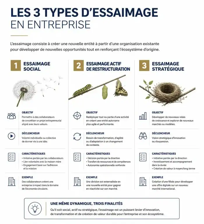 Infographie explicative des trois types d'essaimage en entreprise pour accompagner les salariés vers l'entrepreneuriat.