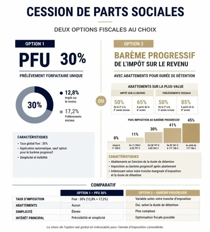 Infographie comparative des régimes fiscaux pour la plus-value de cession de parts sociales