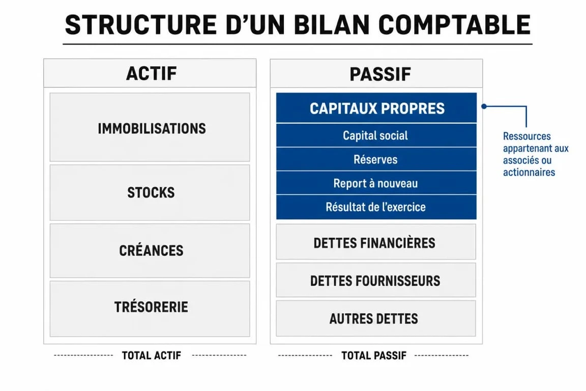 Schéma explicatif de la composition des capitaux propres dans le bilan d'une entreprise