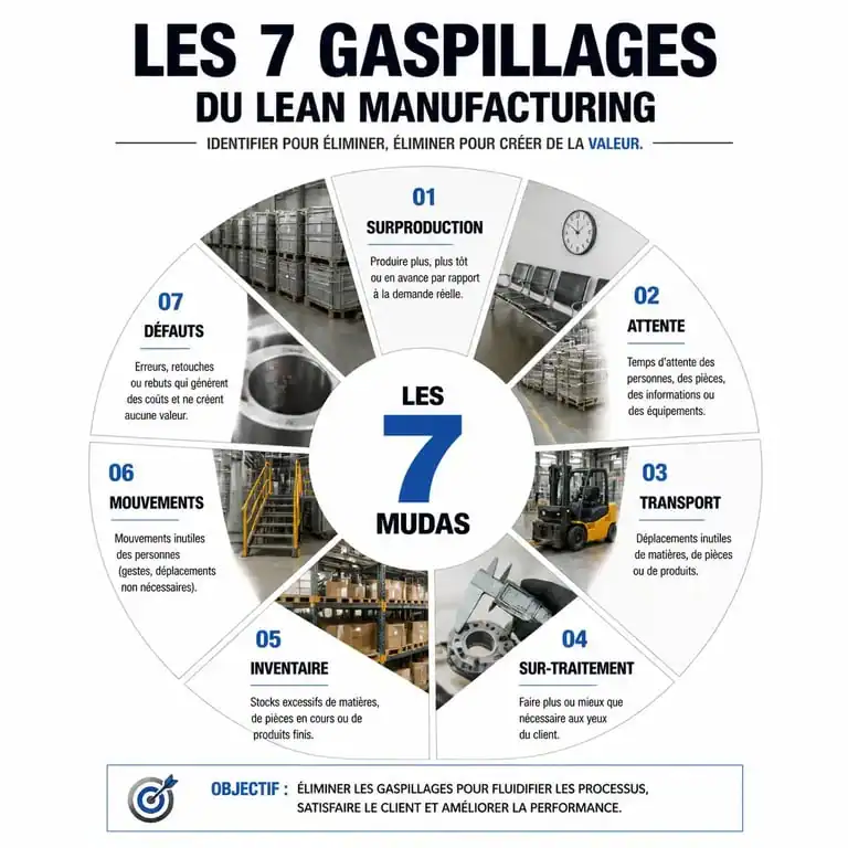 Infographie des 7 gaspillages du lean manufacturing illustrant les sources d'inefficacité en entreprise.