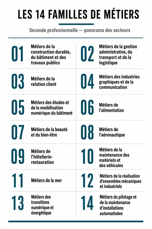 Infographie explicative des 14 familles de métiers en seconde professionnelle
