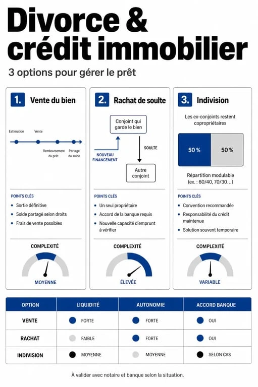 Infographie comparant les options de divorce et crédit immobilier en cours : vente, rachat de soulte et indivision.