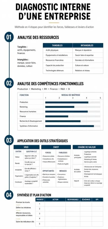 Infographie des étapes pour réaliser un exemple de diagnostic interne d'entreprise