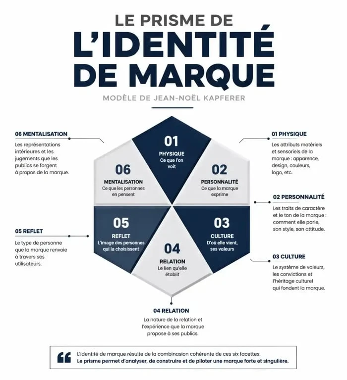 Schéma du prisme de Kapferer illustrant les six dimensions de l'identité de marque