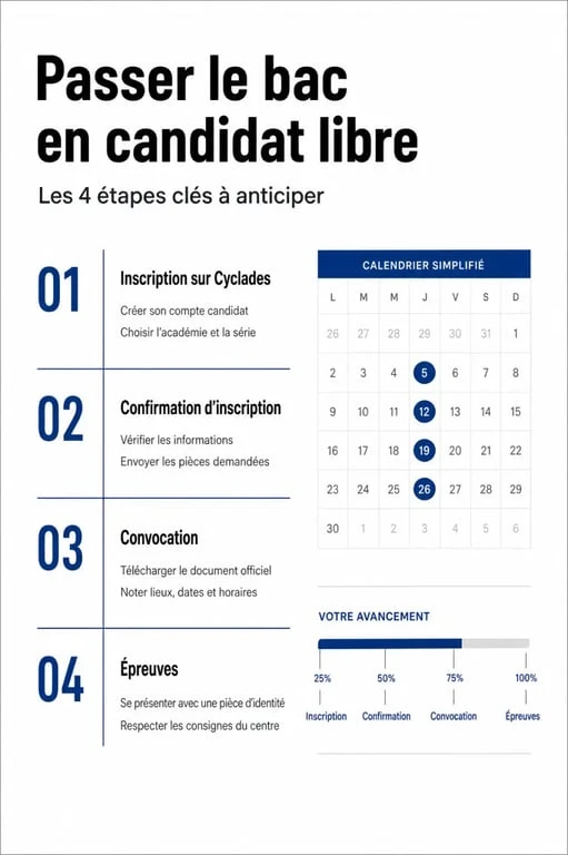 Infographie des étapes pour passer son bac adulte en candidat libre