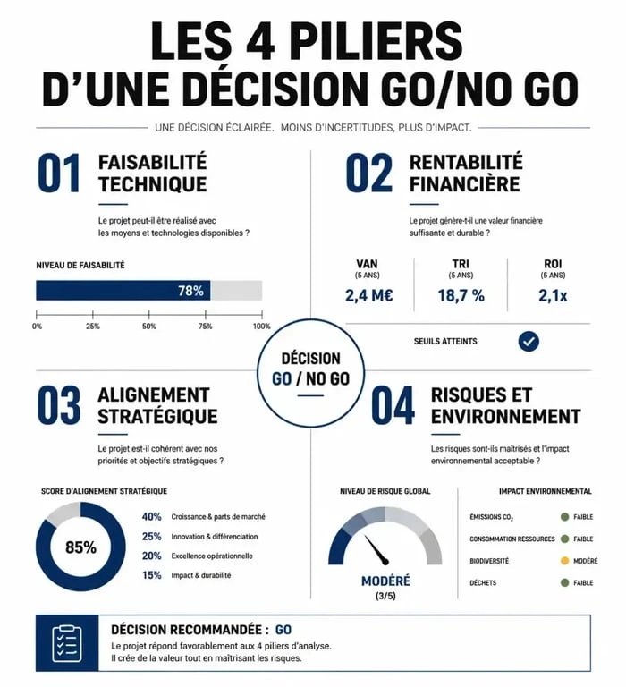 Infographie des 4 piliers du processus de décision Go No Go pour la gestion de projet