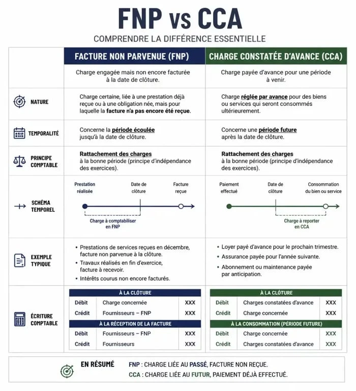 Infographie comparative entre facture non parvenue et charge constatée d'avance pour la comptabilisation