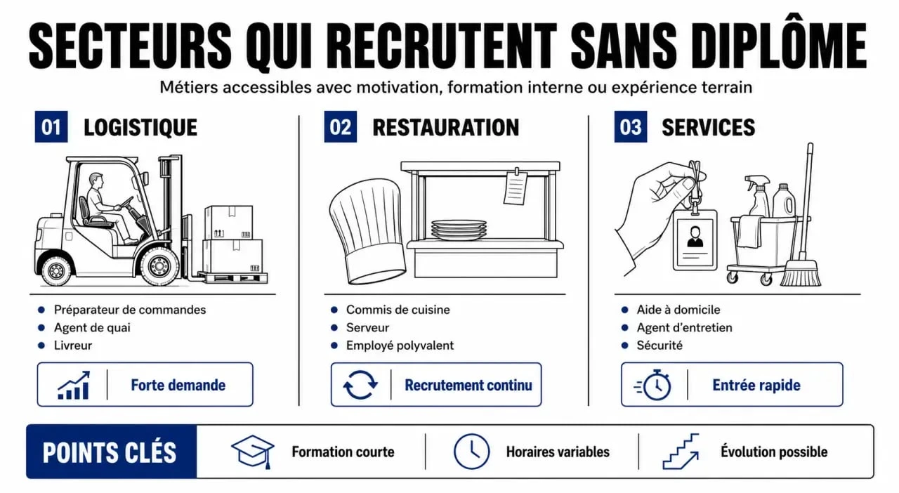 Infographie des secteurs qui recrutent sans diplôme pour trouver un travail rapidement