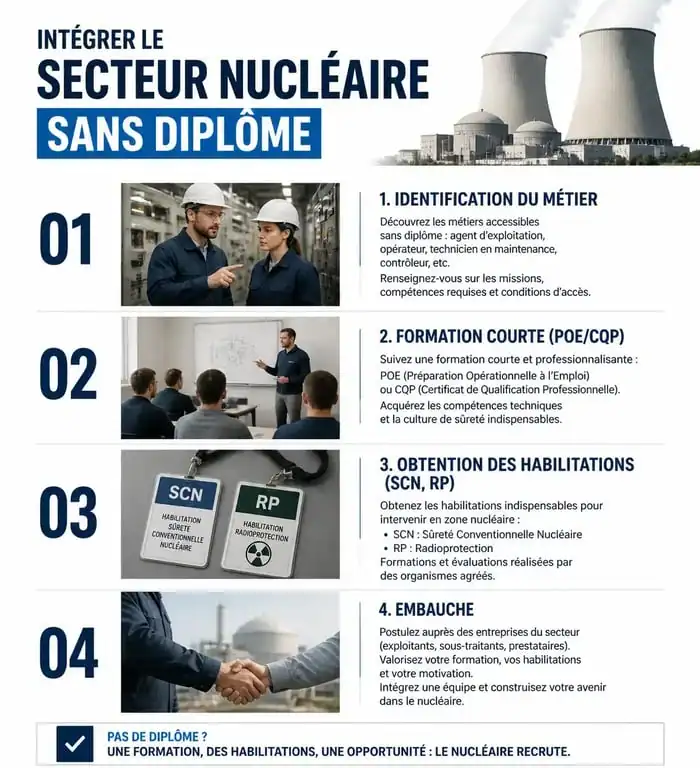 Schéma des étapes pour accéder à une formation nucléaire sans diplôme et intégrer le secteur
