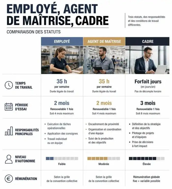 Tableau comparatif des statuts professionnels : employé, agent de maîtrise et cadre pour comprendre les avantages et inconvénients.