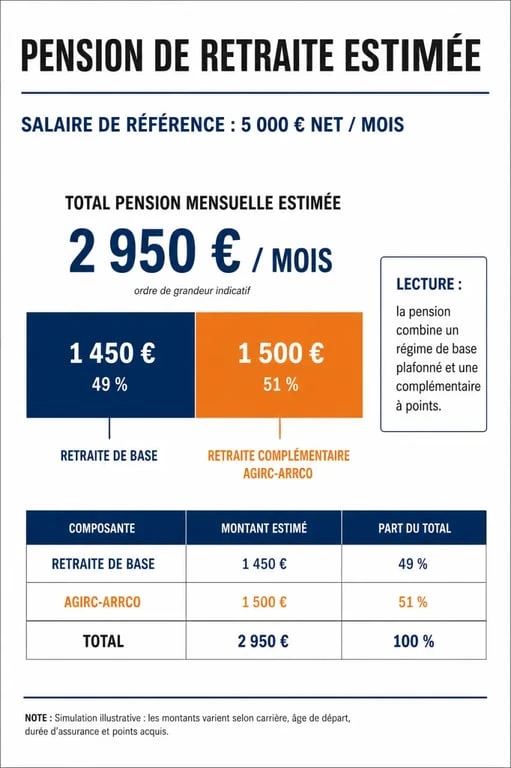 Infographie sur le calcul de la retraite pour un salaire de 5000 euros net en France