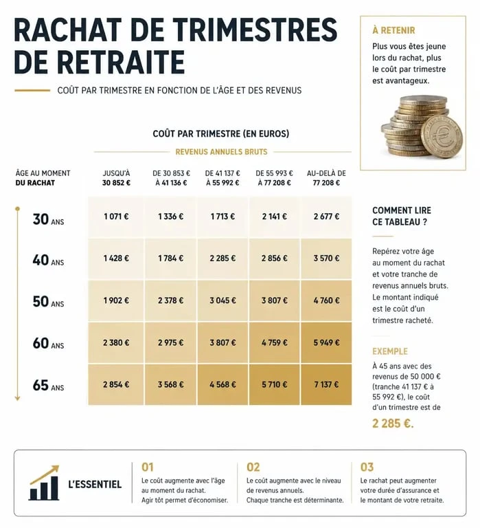 Infographie sur le coût de rachat de trimestres pour la retraite en fonction de l'âge et des revenus