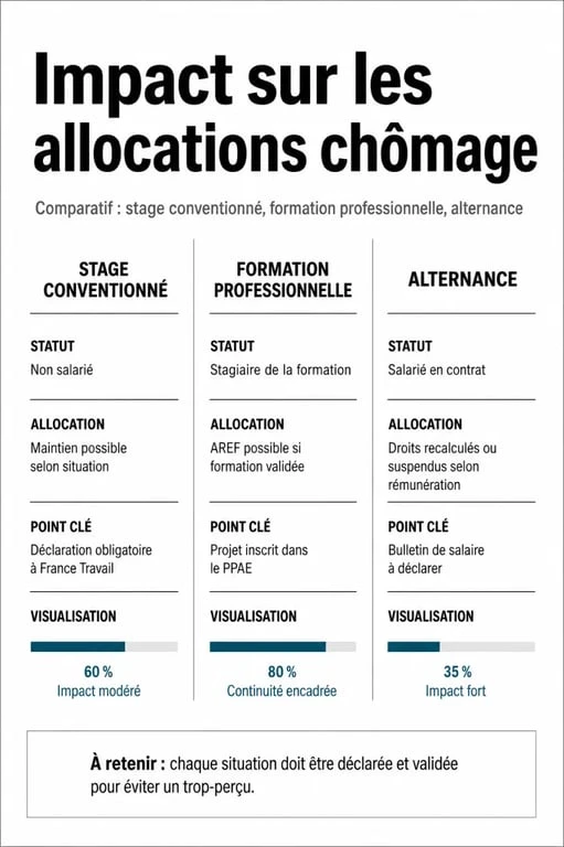 Infographie comparative : impact du stage, de la formation et de l'alternance sur les allocations chômage et le statut de demandeur d'emploi