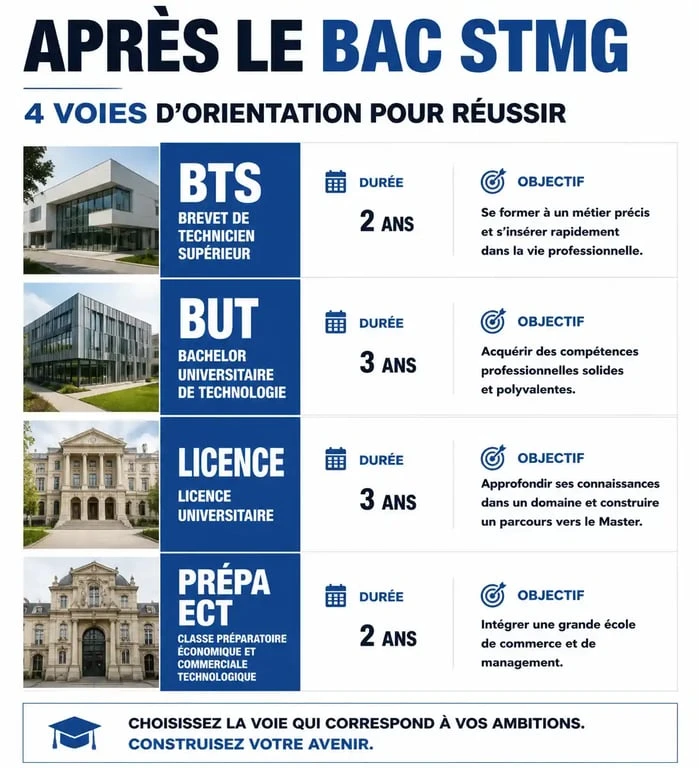 Infographie des débouchés et orientations après un bac STMG