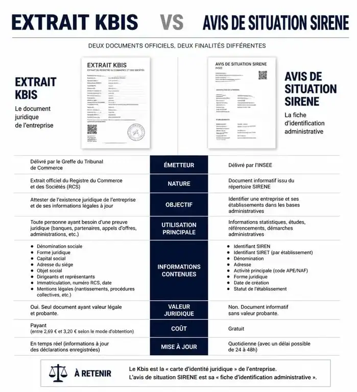 Infographie comparative entre l'extrait Kbis et l'avis de situation Sirene pour les entreprises