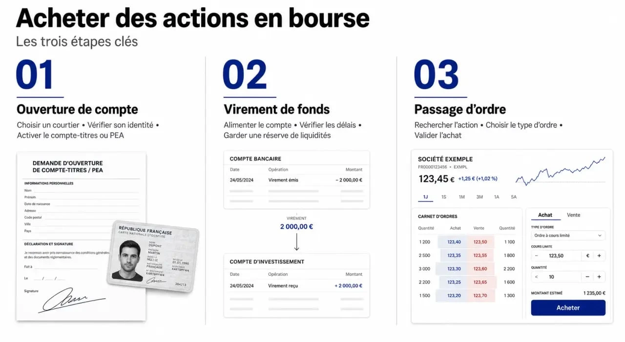 Étapes pour acheter des actions en bourse : ouverture de compte, virement et passage d'ordre