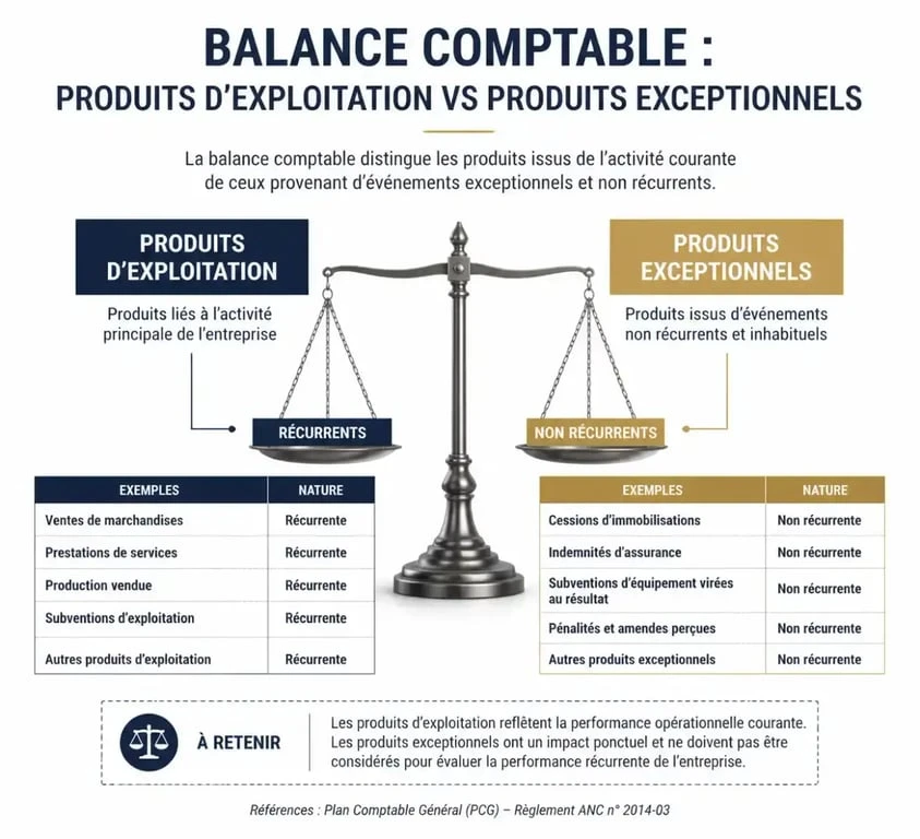 Schéma illustrant la distinction entre produits d'exploitation et compte produits exceptionnels en comptabilité