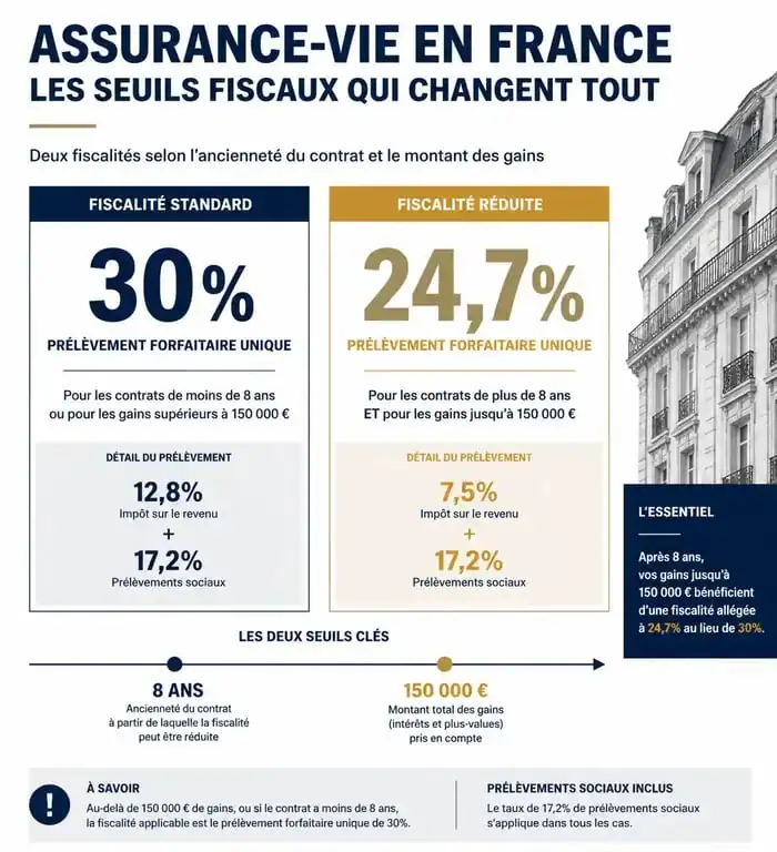 Infographie des taux de la flat tax assurance vie et seuils d'imposition