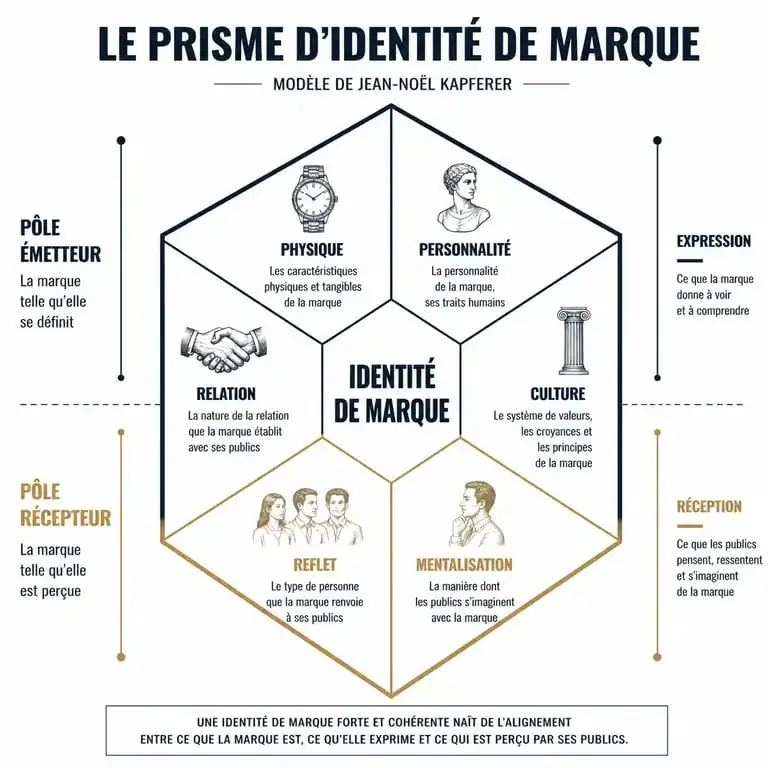 Schéma du prisme d'identité de marque de Kapferer illustrant les six dimensions de la stratégie de marque.