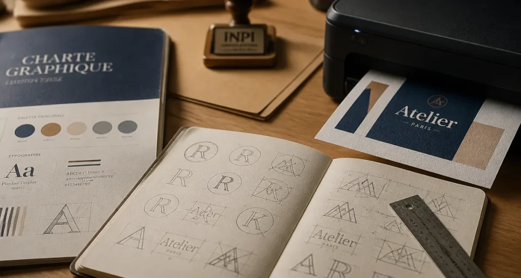 Stratégies logo : croquis de logos et charte graphique sur un bureau