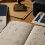Stratégies logo : croquis de logos et charte graphique sur un bureau