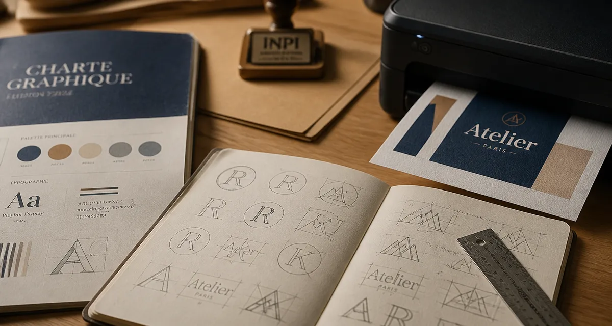 Stratégies logo : croquis de logos et charte graphique sur un bureau