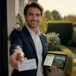 vendeur porte a porte souriant carte de visite