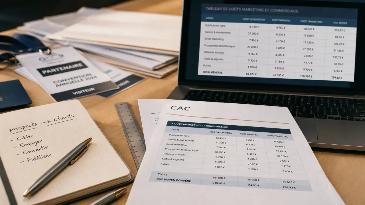 Coût acquisition client (CAC) : calcul et budget marketing sur bureau