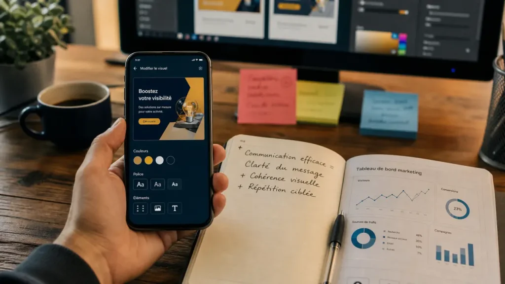 Création publicité : smartphone affichant modèle publicitaire au bureau