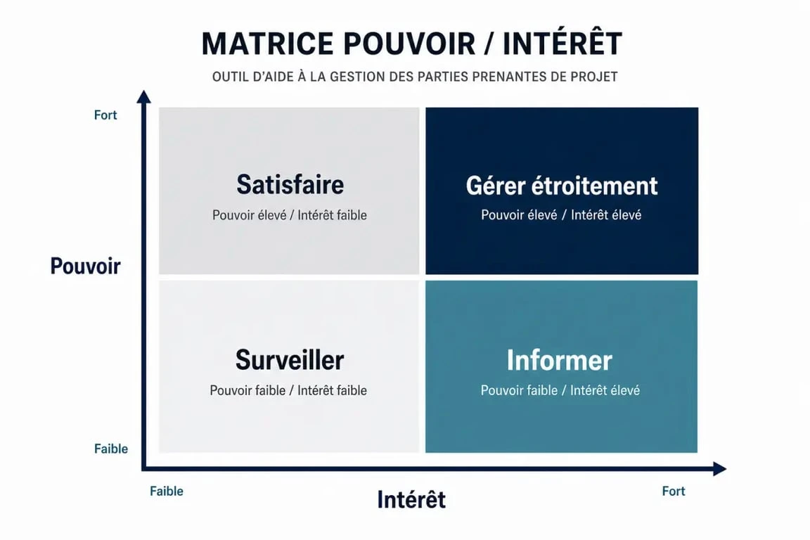 Matrice pouvoir/intérêt pour la gestion des parties prenantes d'un projet