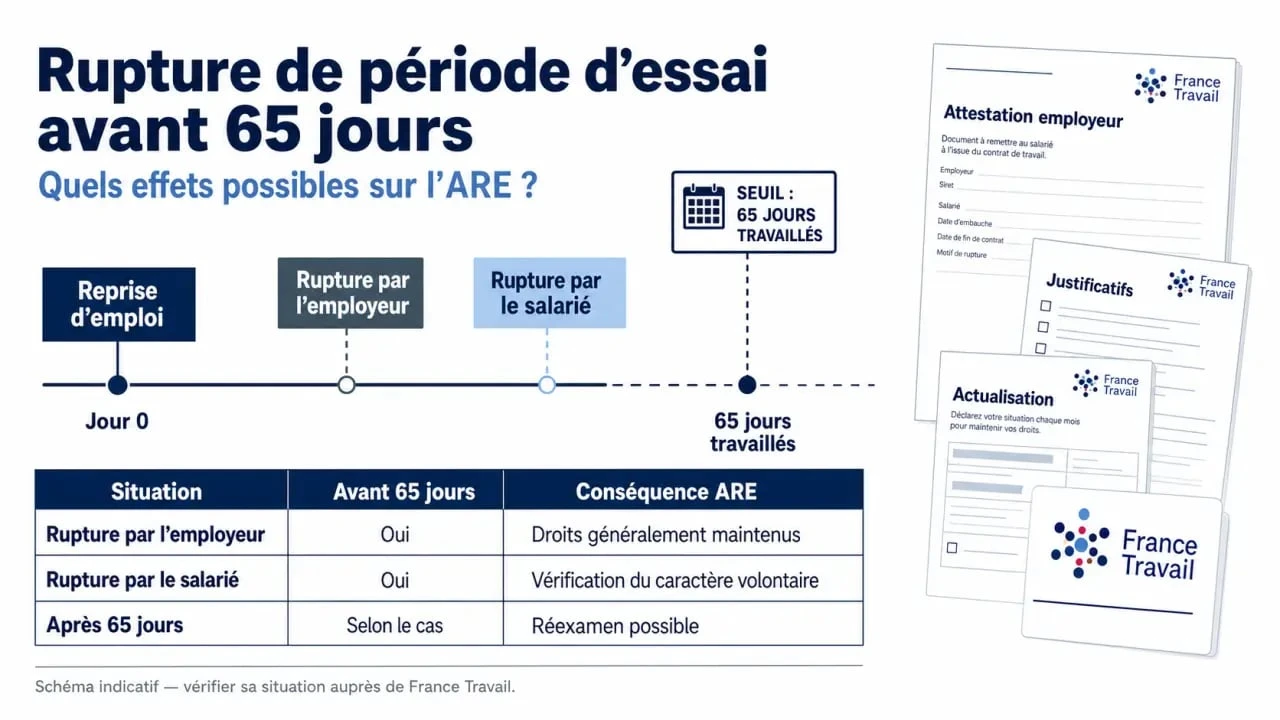 Rupture periode d'essai chomage avant 65 jours : chronologie des droits au chômage et seuils clés