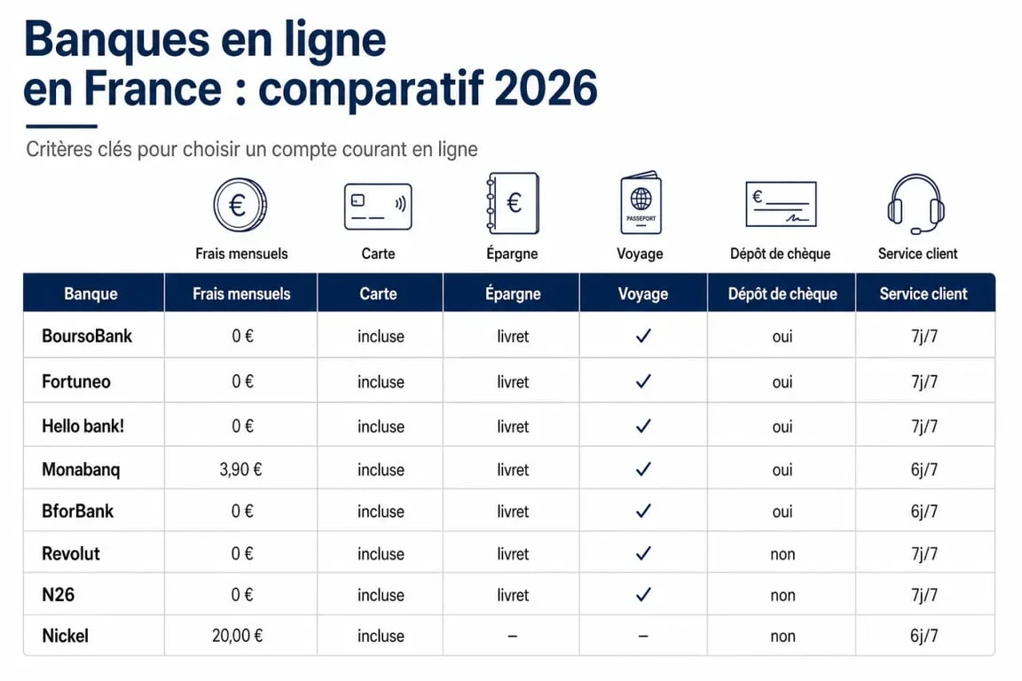 Liste des banque en ligne en France : comparatif visuel des principales offres et critères de choix