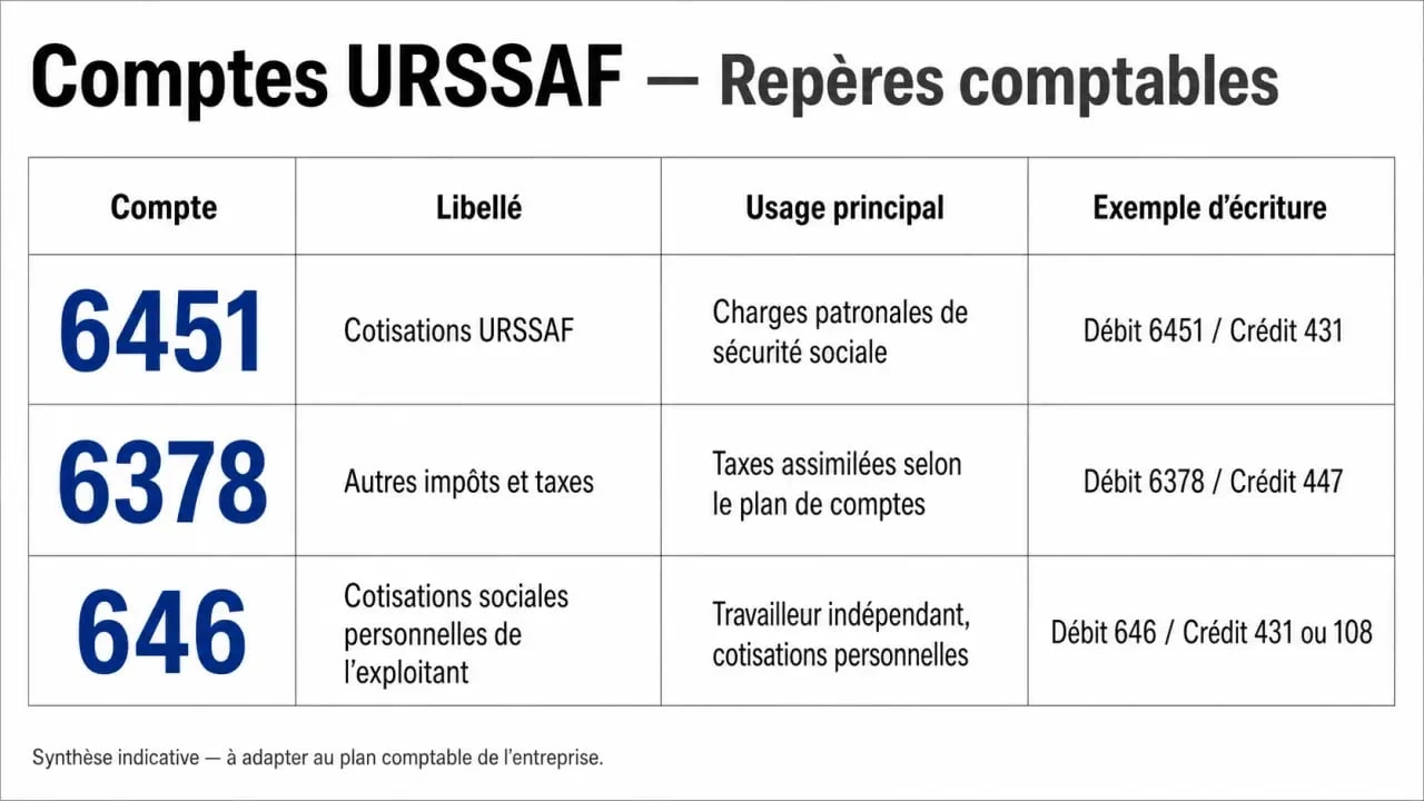 Tableau récapitulatif des comptes comptables pour les cotisations URSSAF et charges sociales