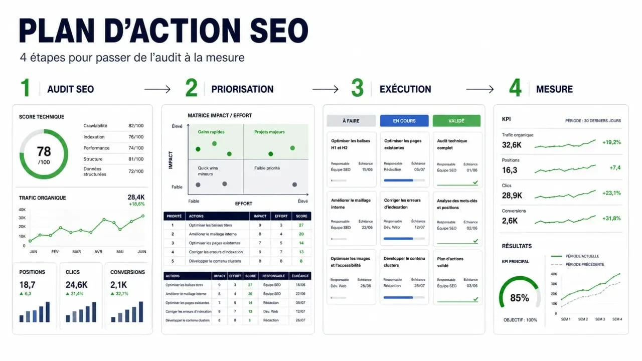 Plan d’action SEO illustré en 4 étapes avec audit, priorisation, exécution et mesure