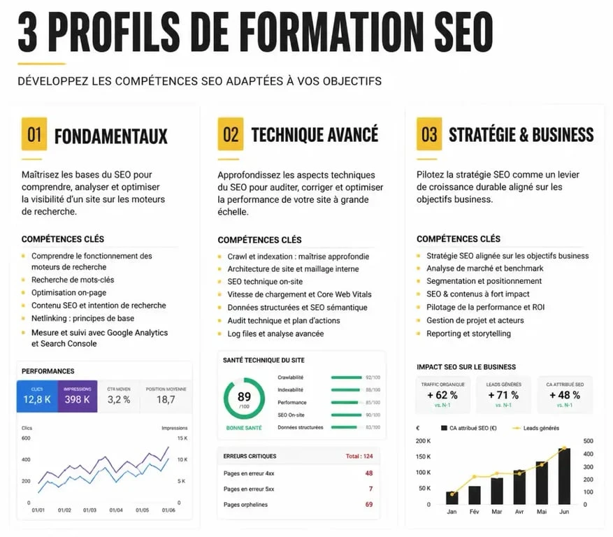 Infographie comparative des profils de formation SEO pour choisir la meilleure formation selon ses objectifs.