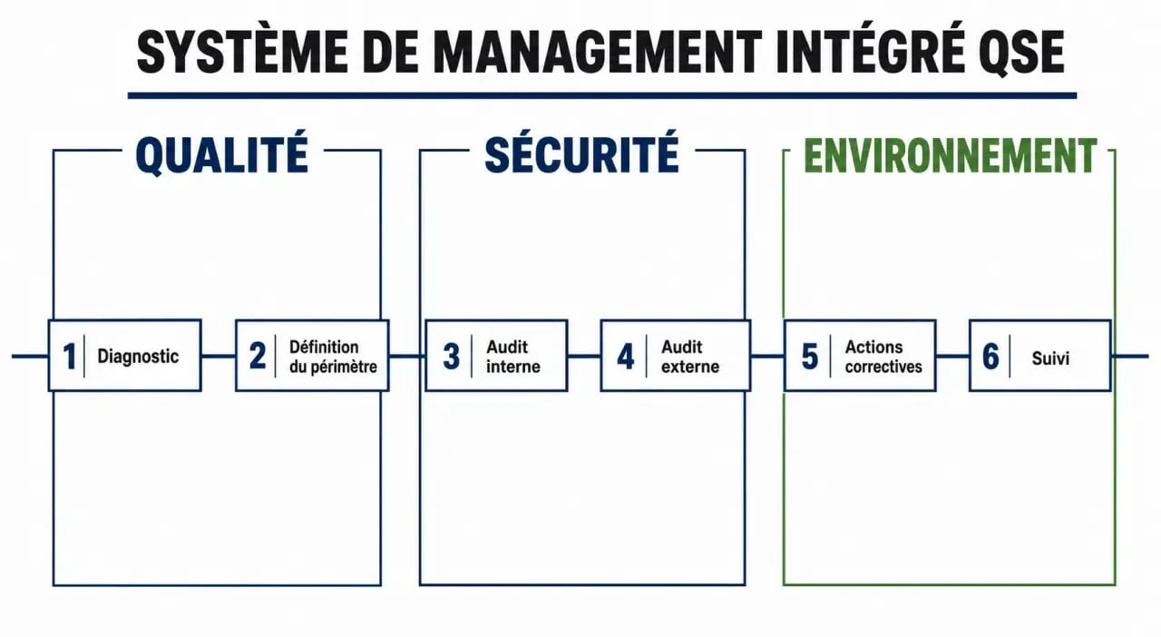 Certification QSE : schéma des étapes de diagnostic, audit interne, audit externe et suivi