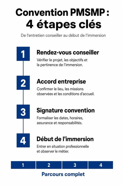 Infographie du parcours administratif pour une immersion professionnelle PMSMP