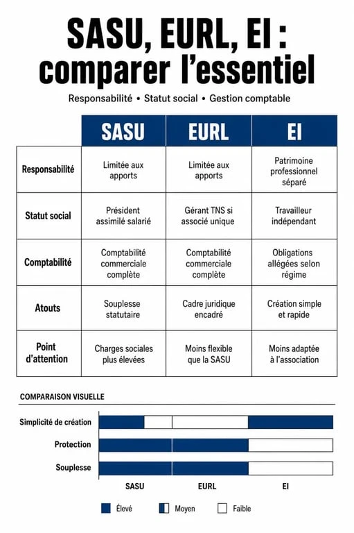 Infographie comparative des statuts juridiques SASU, EURL et EI pour les entrepreneurs