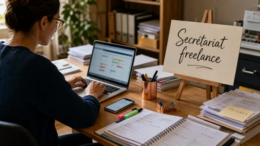 Secretaire freelance en bureau, dossiers et planning