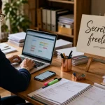 Secretaire freelance en bureau, dossiers et planning