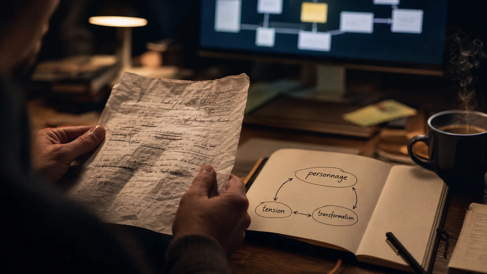 Storytelling exemple : scène de marque avec note et plan narratif