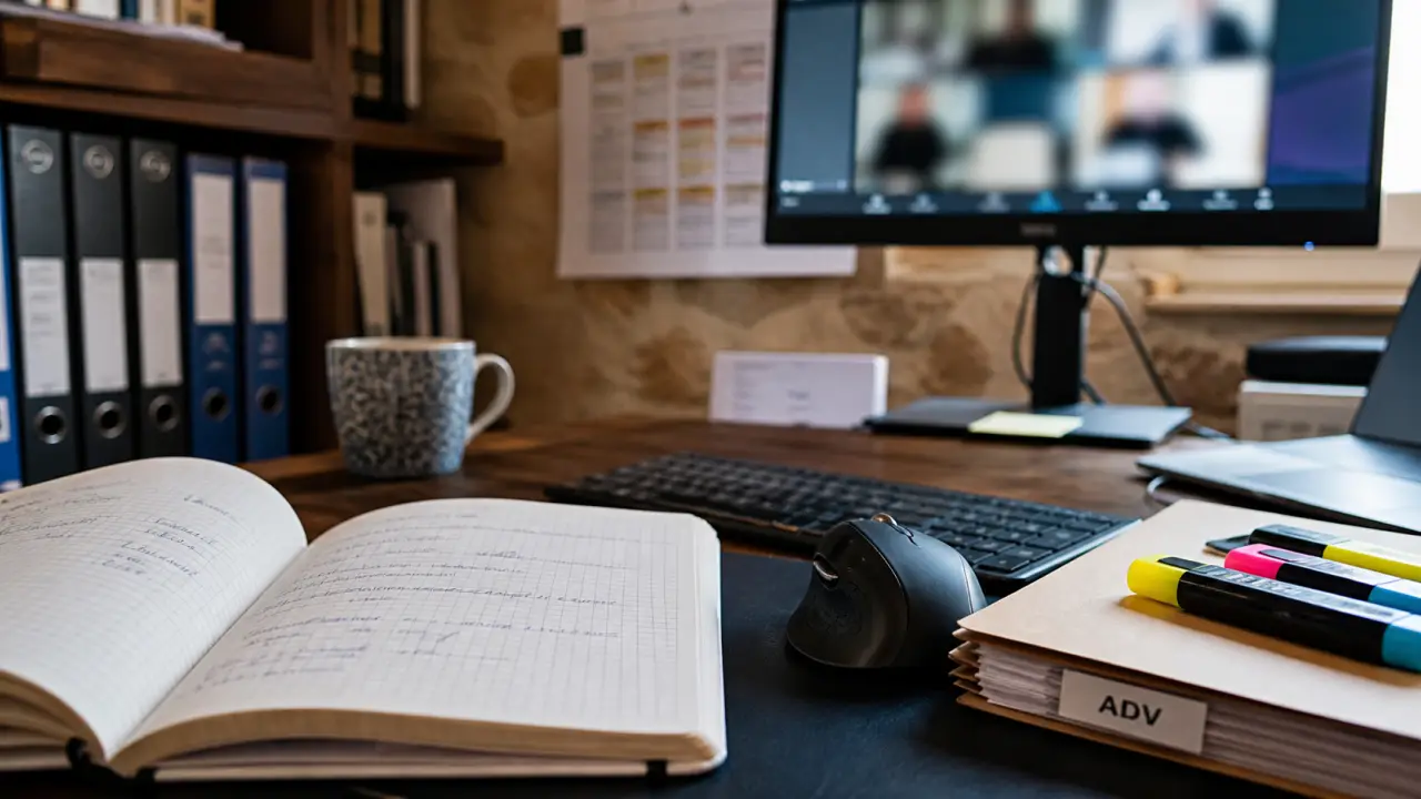 Assistante teletravail : bureau avec clavier, dossier ADV et visioconférence
