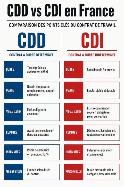 Définition CDD CDI : infographie comparative des différences entre CDD et CDI