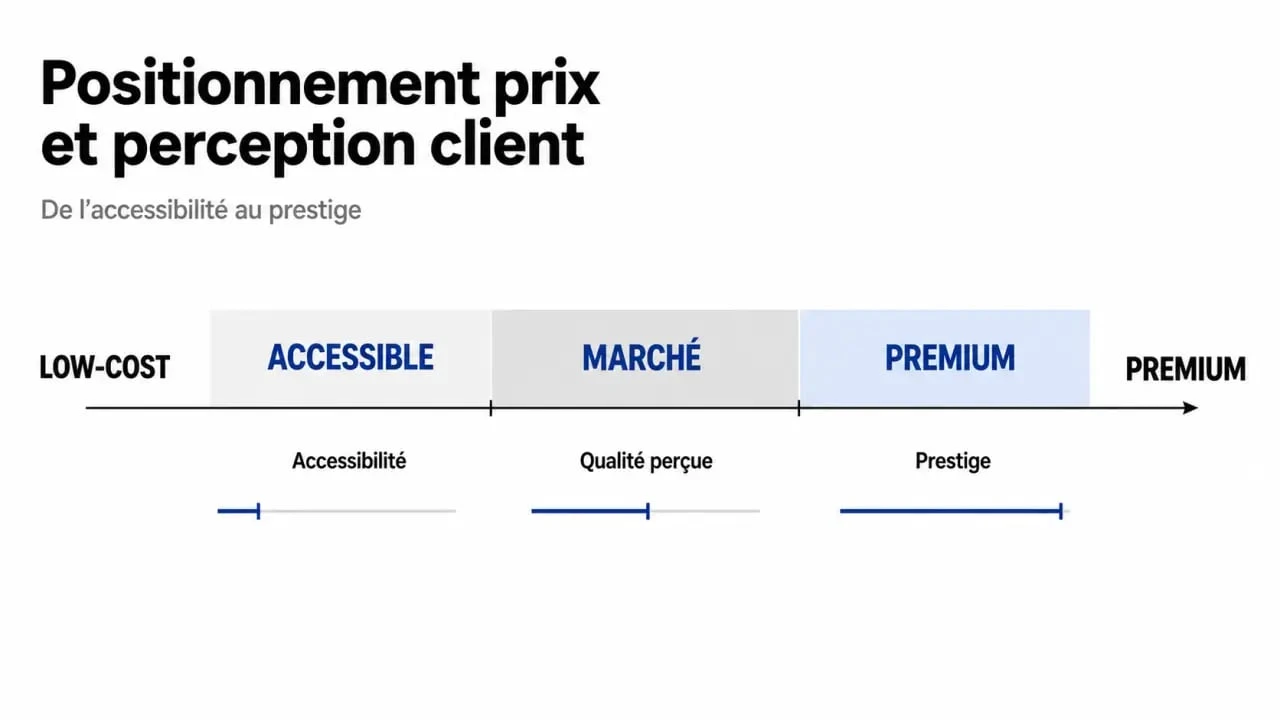 Positionnement prix sur un axe low-cost, marché et premium avec impact sur la perception client