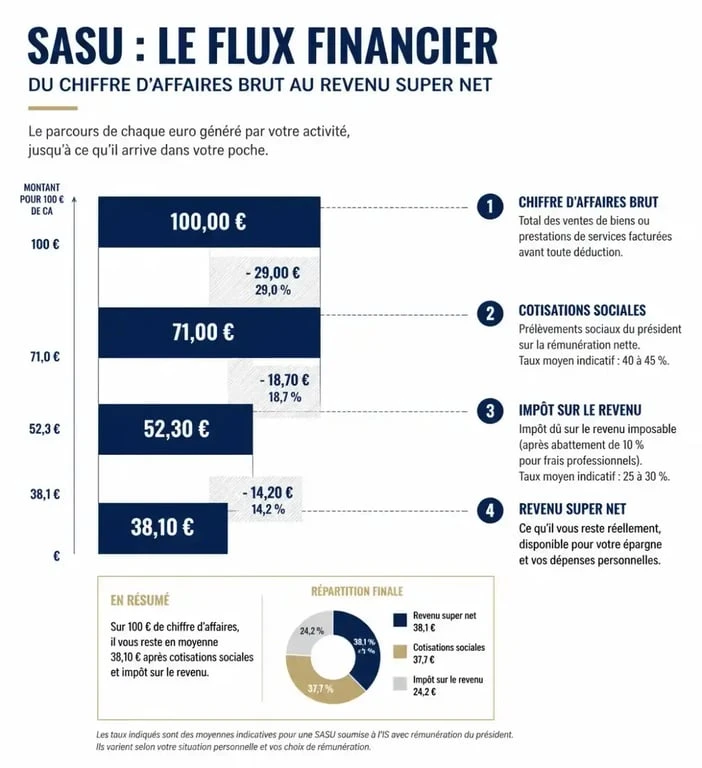 Schéma explicatif du calcul du revenu net et super net pour un dirigeant de SASU
