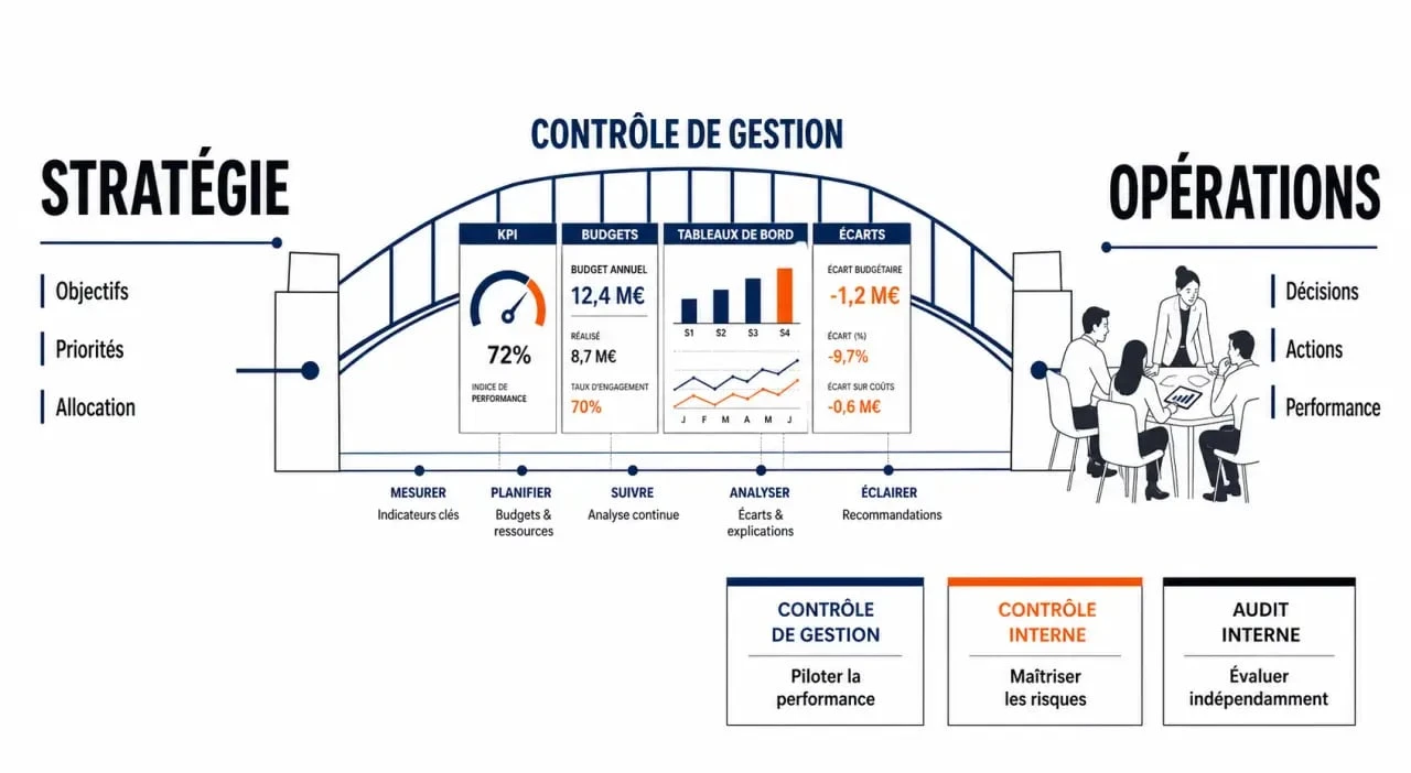 management control illustré comme un pont entre stratégie, KPI et décisions opérationnelles
