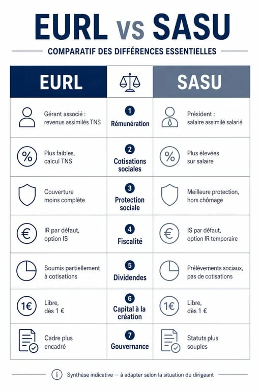 Infographie EURL vs SASU comparant charges, fiscalité et protection sociale