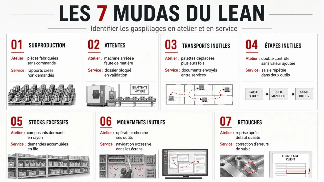 Les 7 mudas du processus lean illustrées en schéma éditorial