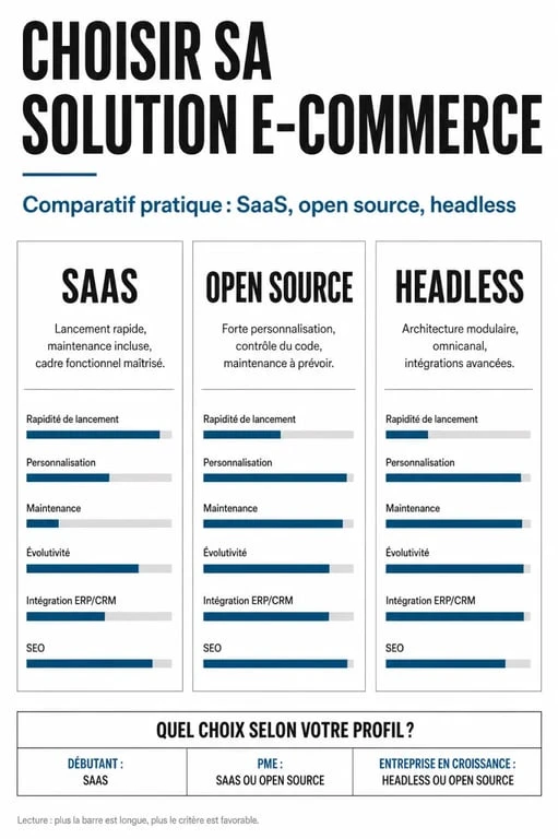Solutions e commerce : comparaison visuelle des modèles SaaS, open source et headless